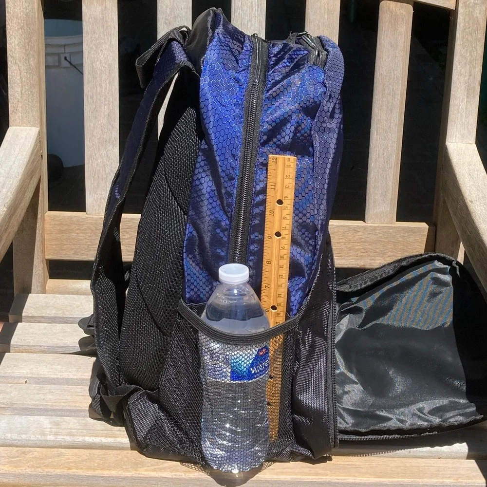 Reflective Blue Backpack Black Trim Side Pockets New